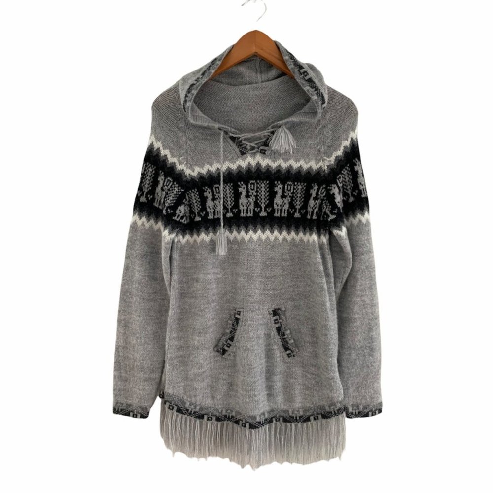 Handmade in Peru Albinaas Alpaca Fringe Hooded Fringe Sweater